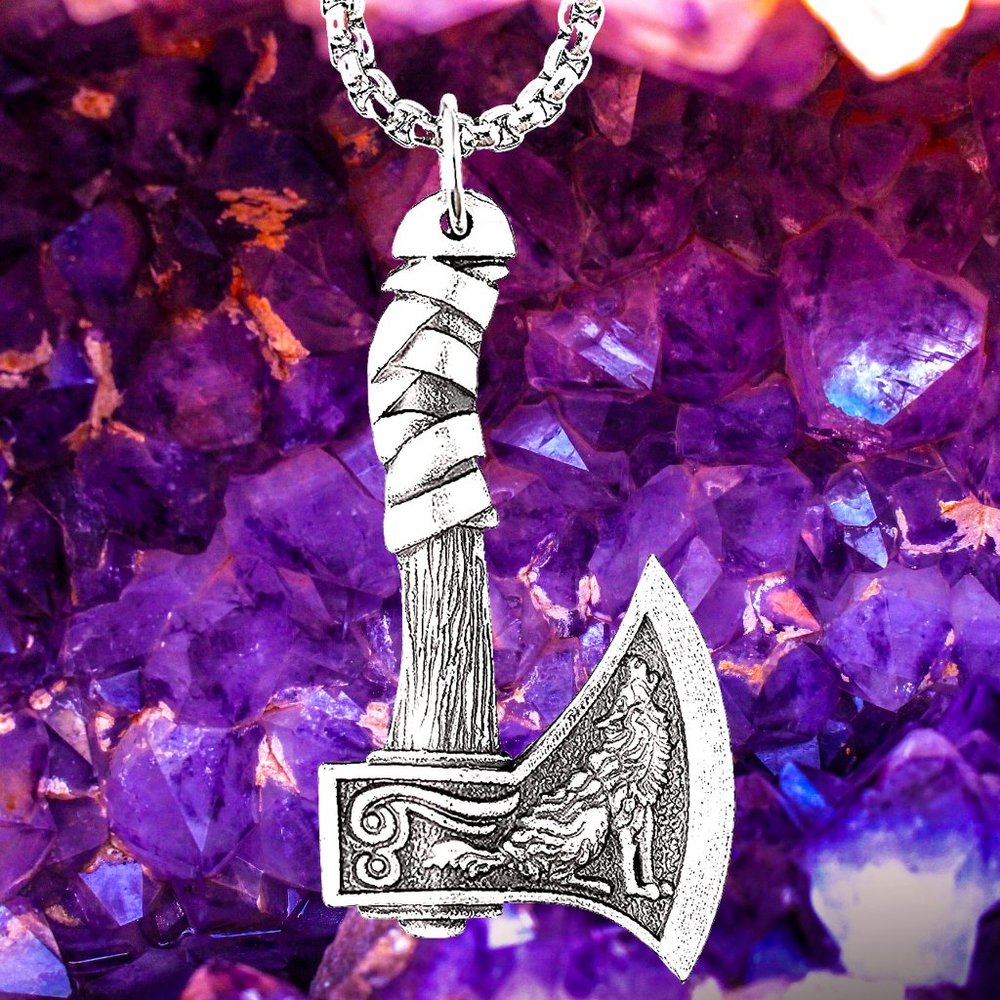 Men's Raven  & Wolf Double Sided Axe Pendant Necklace Surgical Stainless Steel 3